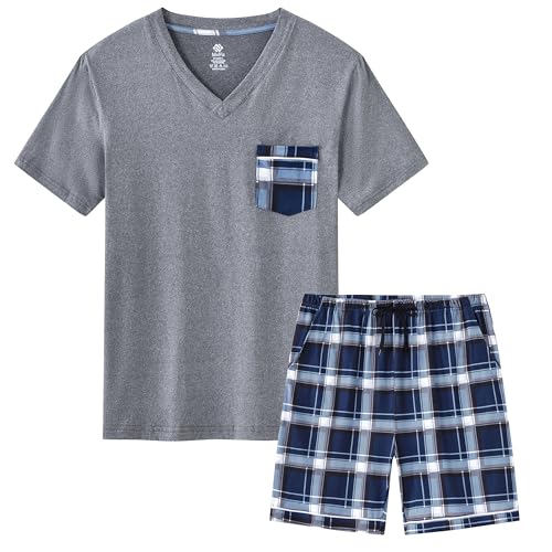 MoFiz Herren Schlafanzug Kurz Pyjama-Set Nachtwäsche V-Ausschnitt Kurzarm Oberteil & Karierte Schlafanzughose Kurze Schlafanzüge Hausanzug Sleepwear Grau US 2XL/ EU 3XL von MoFiz