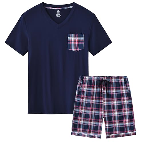 MoFiz Herren Schlafanzug Kurz Pyjama-Set Nachtwäsche V-Ausschnitt Kurzarm Oberteil & Karierte Schlafanzughose Kurze Schlafanzüge Hausanzug Sleepwear Marineblau US 2XL/ EU 3XL von MoFiz
