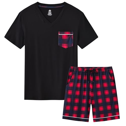MoFiz Herren Schlafanzug Kurz Pyjama-Set Nachtwäsche V-Ausschnitt Kurzarm Oberteil & Karierte Schlafanzughose Kurze Schlafanzüge Hausanzug Sleepwear Schwarz US 2XL/ EU 3XL von MoFiz