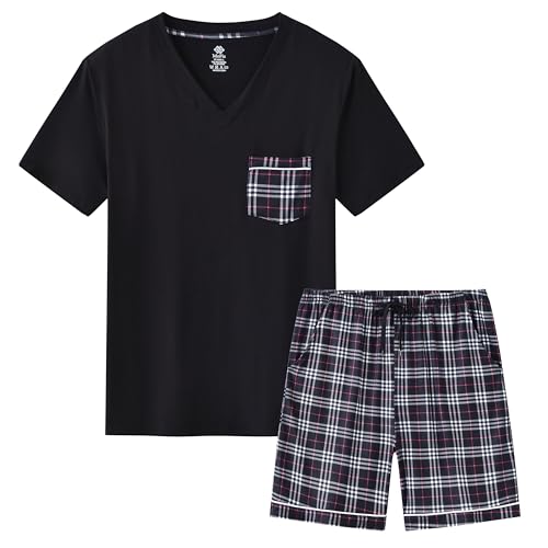 MoFiz Herren Schlafanzug Kurz Pyjama-Set Nachtwäsche V-Ausschnitt Kurzarm Oberteil & Karierte Schlafanzughose Kurze Schlafanzüge Hausanzug Sleepwear Schwarz US XL/EU 2XL von MoFiz