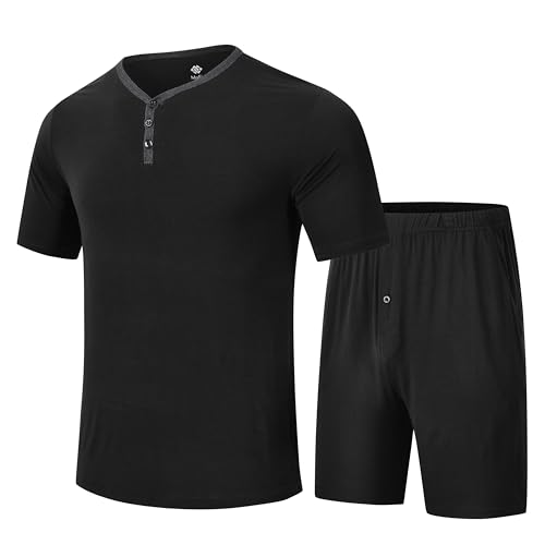 MoFiz Herren Schlafanzug Kurz Pyjama-Set Sommer V Ausschnitt Modal Weich Kurzarm T-Shirt &Schlafanzughose Kurz Nachtwäsche Hausanzug Set mit Knopfleiste Schwarz Größe US S/EU M von MoFiz
