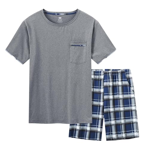 MoFiz Herren Schlafanzug Kurz Pyjama-Set Sommer Weich Zweiteilig Runder Ausschnitt Kurzarm T-Shirt & Karierte Schlafhose Kurz Hausanzug Nachtwäsche Set Dunkelgrau US XL/EU 2XL von MoFiz