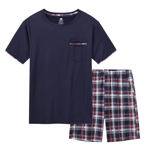 MoFiz Herren Schlafanzug Kurz Pyjama-Set Sommer Weich Zweiteilig Runder Ausschnitt Kurzarm T-Shirt & Karierte Schlafhose Kurz Hausanzug Nachtwäsche Set Marineblau US L/EU XL von MoFiz