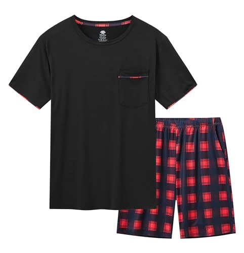 MoFiz Herren Schlafanzug Kurz Pyjama-Set Sommer Weich Zweiteilig Runder Ausschnitt Kurzarm T-Shirt & Karierte Schlafhose Kurz Hausanzug Nachtwäsche Set Schwarz US 3XL/ EU 4XL von MoFiz