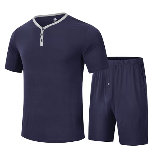 MoFiz Herren Schlafanzug Kurz Pyjama-Set V Ausschnitt Zweiteilig Modal Weich Kurzarm T-Shirt &Schlafanzughose Kurz Nachtwäsche Hausanzug Set mit Knopfleiste Marineblau Größe US XL/EU 2XL MoFiz Herren Schlafanzug Kurz Pyjama-Set V Ausschnitt Zweiteilig Modal Weich Kurzarm T-Shirt &Schlafanzughose Kurz Nachtwäsche Hausanzug Set mit Knopfleiste Marineblau Größe US XL/EU 2XL von MoFiz