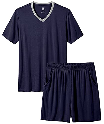 MoFiz Herren Schlafanzug Kurz Pyjama-Set V Ausschnitt Zweiteilig Modal Weich Kurzarm T-Shirt & Schlafhose Kurz Hausanzug Nachtwäsche mit Taschen Marineblau A Größe US M/EU L von MoFiz