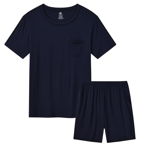 MoFiz Herren Schlafanzug Kurz Pyjamaset Einfarbig Zweiteiliger Set Weich Hausanzug Rundhals T-Shirt und Schlafshorts Sommer Nachtwäsche Freizeitanzug mit Brusttasche Marineblau EU 4XL von MoFiz