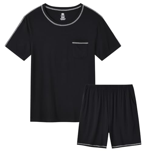 MoFiz Herren Schlafanzug Kurz Pyjamaset Einfarbig Zweiteiliger Set Weich Hausanzug Rundhals T-Shirt und Schlafshorts Sommer Nachtwäsche Freizeitanzug mit Brusttasche Schwarz EU M von MoFiz