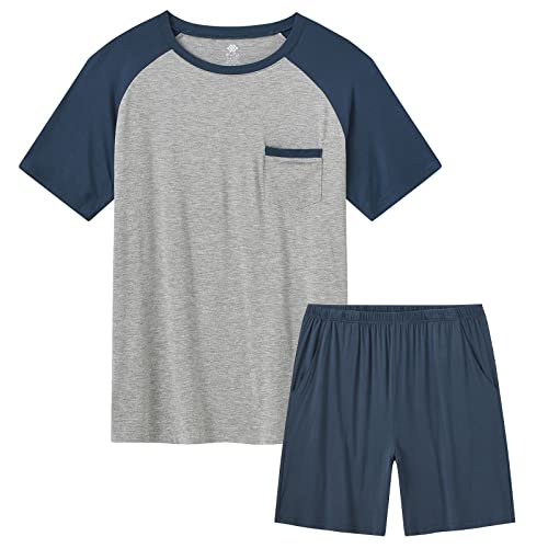 MoFiz Herren Schlafanzug Kurz Pyjamaset Zweiteiliger Set Modal Hausanzug Rundhals T-Shirt mit Brusttasche und Schlafanzughose Sommer Nachtwäsche Freizeitanzug Blau EU XL von MoFiz