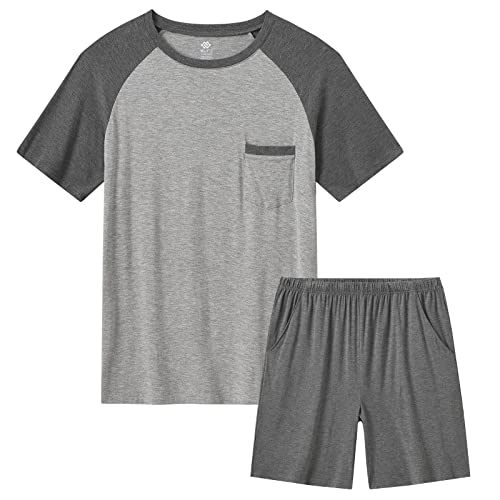 MoFiz Herren Schlafanzug Kurz Pyjamaset Zweiteiliger Set Modal Hausanzug Rundhals T-Shirt mit Brusttasche und Schlafanzughose Sommer Nachtwäsche Freizeitanzug Dunkelgrau-A EU XXL von MoFiz
