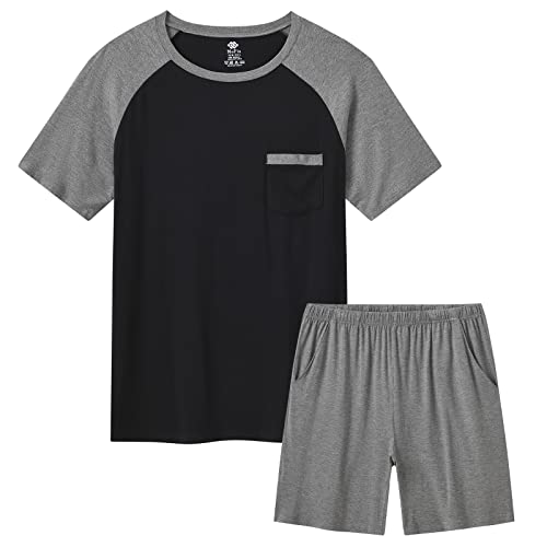 MoFiz Herren Schlafanzug Kurz Pyjamaset Zweiteiliger Set Modal Hausanzug Rundhals T-Shirt mit Brusttasche und Schlafanzughose Sommer Nachtwäsche Freizeitanzug Dunkelgrau-B EU XL von MoFiz