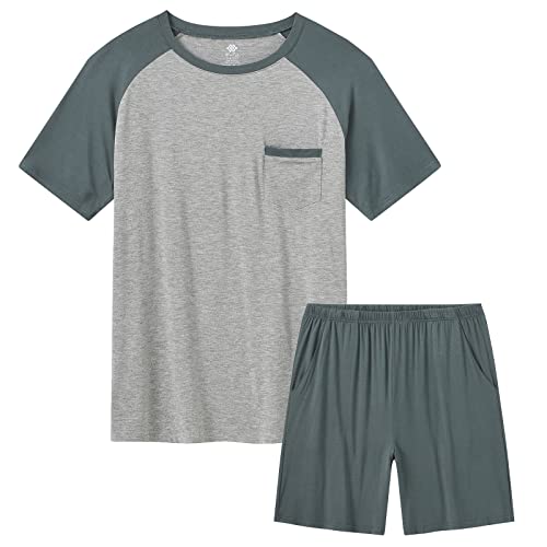 MoFiz Herren Schlafanzug Kurz Pyjamaset Zweiteiliger Set Weich Hausanzug Rundhals T-Shirt und Schlafshorts Sommer Nachtwäsche Freizeitanzug mit Brusttasche Graublau EU XL von MoFiz