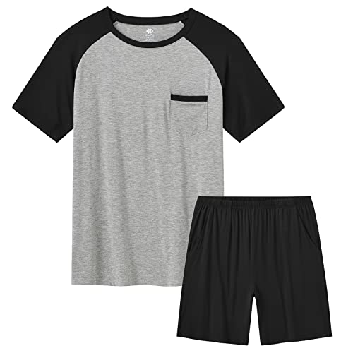 MoFiz Herren Schlafanzug Kurz Pyjamaset Zweiteiliger Set Weich Hausanzug Rundhals T-Shirt und Schlafshorts Sommer Nachtwäsche Freizeitanzug mit Brusttasche Schwarz EU 4XL von MoFiz