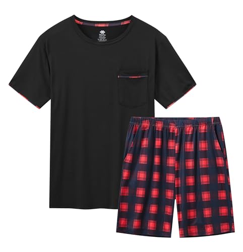 MoFiz Herren Schlafanzug Kurz Pyjamaset Zweiteiliger Sommer Weich Shorty Nachtwäsche Hausanzug Einfarbig Rundhals Kurzarm T-Shirt Pyjamahose von MoFiz
