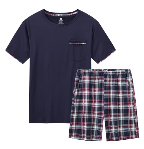 MoFiz Herren Schlafanzug Kurz Pyjamaset Zweiteiliger Sommer Weich Shorty Nachtwäsche Hausanzug Einfarbig Rundhals Kurzarm T-Shirt Pyjamahose von MoFiz