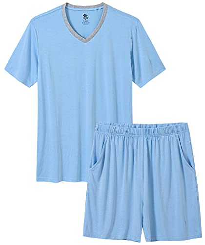 MoFiz Herren Schlafanzug Kurz Sommer Pyjama-Set V Ausschnitt Zweiteilig Modal Weich Kurzarm T-Shirt & Schlafhose Kurz Loungewear Nachtwäsche Set mit Taschen Himmelblau Größe US 3XL/ EU 4XL von MoFiz