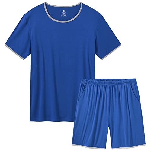 MoFiz Herren Schlafanzug Kurz Sommer Pyjamaset Zweiteiliger Rundhals T-Shirt und Schlafshorts Weich Nachtwäsche mit Elastischem Bund Taschen L Mittelblau von MoFiz