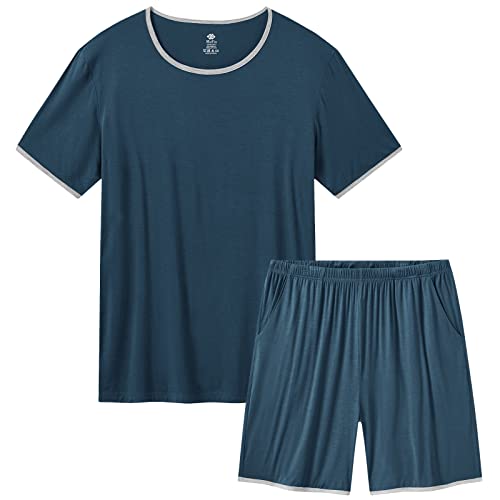 MoFiz Herren Schlafanzug Kurz Sommer Weich Pyjama Set Leicht Nachtwäsche Hausanzug Sleepwear Kurzarm Oberteil und Shorts mit Elastischem Bund Taschen XL Blau von MoFiz