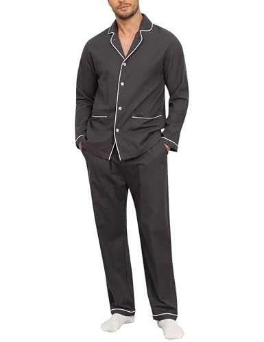 MoFiz Herren Schlafanzug Lang Baumwolle Knopfleiste Pyjamas Set V-Ausschnitt Langarm Shirt und Schlafhose Lang Nachtwäsche Hausanzug Pjs Set Dunkelgrau Größe US 2XL/EU 3XL von MoFiz