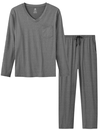 MoFiz Herren Schlafanzug Lang Pyjama Set Weich Bequem V Ausschnitt Langarm Shirt Schlafanzughose Lange Nachtwäsche Hausanzug Loungewear Set mit Taschen Grau EU XL von MoFiz
