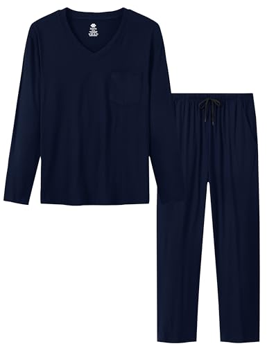 MoFiz Herren Schlafanzug Lang Pyjama Set Weich Bequem V Ausschnitt Langarm Shirt Schlafanzughose Lange Nachtwäsche Hausanzug Loungewear Set mit Taschen Marineblau EU 2XL von MoFiz