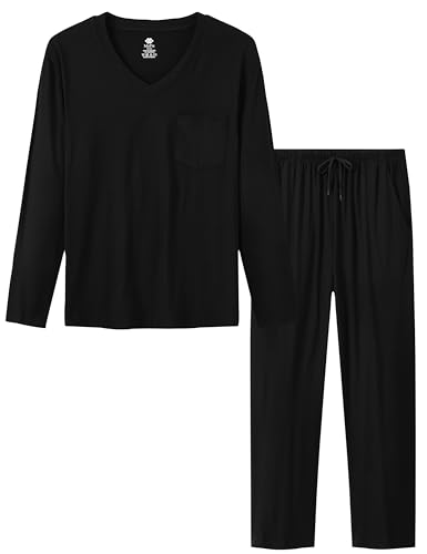 MoFiz Herren Schlafanzug Lang Pyjama Set Weich Bequem V Ausschnitt Langarm Shirt Schlafanzughose Lange Nachtwäsche Hausanzug Loungewear Set mit Taschen Schwarz EU M von MoFiz