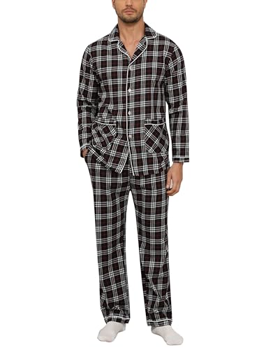 MoFiz Herren Schlafanzug Lang Pyjamas Set Baumwolle Karierte V-Ausschnitt Langarm Shirt mit Knopfleiste und Schlafhose Lang Nachtwäsche Hausanzug Pjs Set Kariert A Größe US XL/EU 2XL von MoFiz
