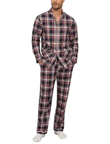 MoFiz Herren Schlafanzug Lang Pyjamas Set Baumwolle Karierte V-Ausschnitt Langarm Shirt mit Knopfleiste und Schlafhose Lang Nachtwäsche Hausanzug Pjs Set Kariert B Größe US L/EU XL von MoFiz