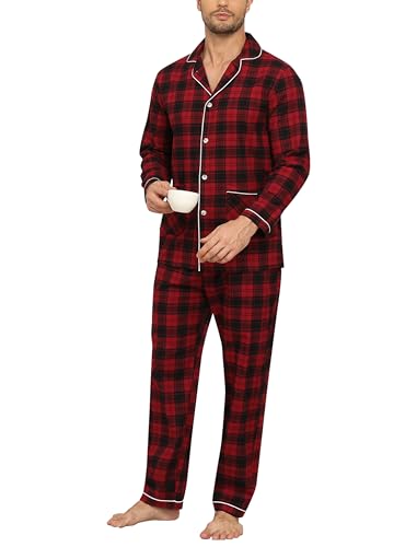 MoFiz Herren Schlafanzug Lang Pyjamas Set Baumwolle Karierte V-Ausschnitt Langarm Shirt mit Knopfleiste und Schlafhose Lang Nachtwäsche Hausanzug Pjs Set Kariert C Größe US 3XL/EU 4XL von MoFiz