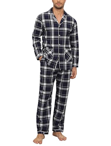 MoFiz Herren Schlafanzug Lang Pyjamas Set Baumwolle Karierte V-Ausschnitt Langarm Shirt mit Knopfleiste und Schlafhose Lang Nachtwäsche Hausanzug Pjs Set Kariert D Größe US 3XL/EU 4XL von MoFiz