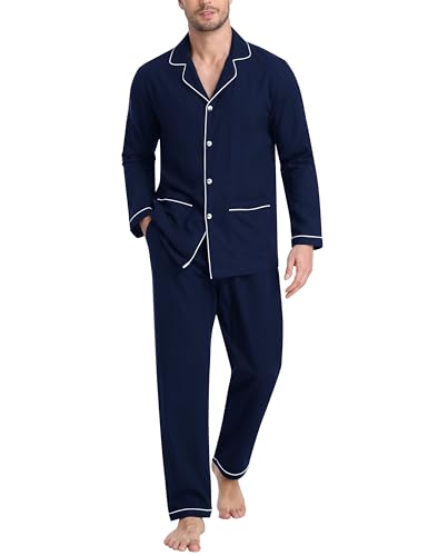 MoFiz Herren Schlafanzug Lang Pyjamas Set Baumwolle V-Ausschnitt Langarm Shirt mit Knopfleiste und Schlafhose Lang Nachtwäsche Hausanzug Pjs Set Marineblau Größe US 3XL/EU 4XL von MoFiz