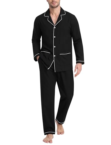 MoFiz Herren Schlafanzug Lang Pyjamas Set Baumwolle V-Ausschnitt Langarm Shirt mit Knopfleiste und Schlafhose Lang Nachtwäsche Hausanzug Pjs Set Schwarz Größe US XL/EU 2XL von MoFiz