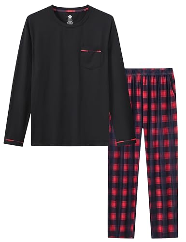 MoFiz Herren Schlafanzug Lang Pyjamaset Winter Weich Warme Langarm Shirt Karierte Pyjamahose Lange Zweiteiliger Loungewear Nachtwäsche Set mit Brusttasche Schwarz EU L von MoFiz