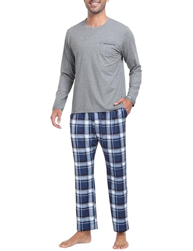 MoFiz Herren Schlafanzug Lang Pyjamaset Winter Weich Warme Langarm Shirt Karierte Pyjamahose Lange Zweiteiliger Loungewear Nachtwäsche Set mit Brusttasche Schwarz EU M von MoFiz