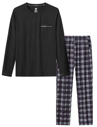 MoFiz Herren Schlafanzug Lang Pyjamaset Winter Weich Warme Langarm Shirt Karierte Pyjamahose Lange Zweiteiliger Loungewear Nachtwäsche Set mit Brusttasche Schwarz EU XXL von MoFiz