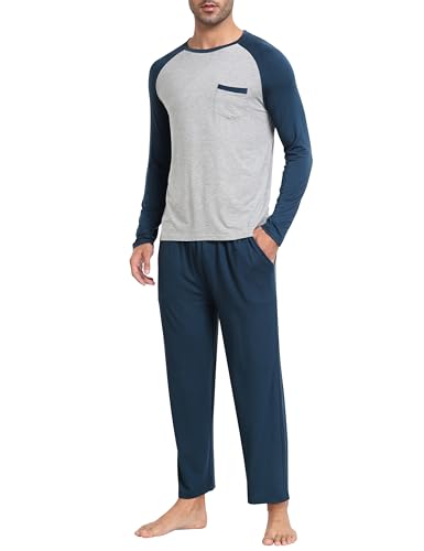 MoFiz Herren Schlafanzug Lang Pyjamaset Zweiteiliger Set Modal Hausanzug Rundhals Langarm T-Shirt mit Brusttasche und Schlafanzughose mit Taschen Nachtwäsche Freizeitanzug Blau EU M MoFiz Herren Schlafanzug Lang Pyjamaset Zweiteiliger Set Modal Hausanzug Rundhals Langarm T-Shirt mit Brusttasche und Schlafanzughose mit Taschen Nachtwäsche Freizeitanzug Blau EU M von MoFiz
