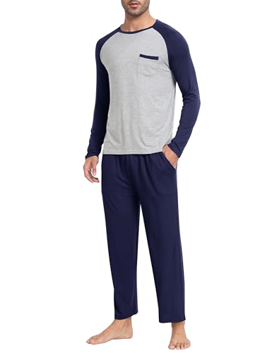 MoFiz Herren Schlafanzug Lang Pyjamaset Zweiteiliger Set Weich Hausanzug Rundhals Langarm T-Shirt und Schlafhose Lang Nachtwäsche Freizeitanzug mit Brusttasche Marineblau EU XXL von MoFiz