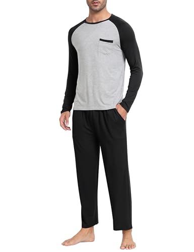 MoFiz Herren Schlafanzug Lang Pyjamaset Zweiteiliger Set Weich Hausanzug Rundhals Langarm T-Shirt und Schlafhose Lang Nachtwäsche Freizeitanzug mit Brusttasche Schwarz EU 4XL von MoFiz