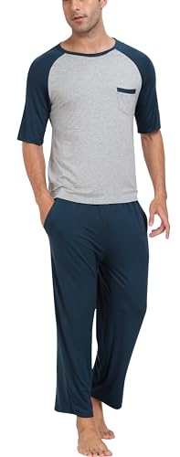 MoFiz Herren Schlafanzug Pyjamaset Zweiteiliger Set Modal Hausanzug Rundhals T-Shirt mit Brusttasche und Schlafanzughose Sommer Nachtwäsche Freizeitanzug Blau EU M von MoFiz