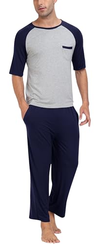 MoFiz Herren Schlafanzug Pyjamaset Zweiteiliger Set Weich Hausanzug Rundhals T-Shirt und Schlafhose Lang Sommer Nachtwäsche Freizeitanzug mit Brusttasche Marineblau EU 3XL von MoFiz