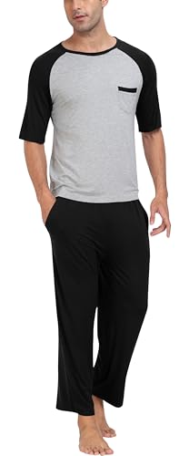 MoFiz Herren Schlafanzug Pyjamaset Zweiteiliger Set Weich Hausanzug Rundhals T-Shirt und Schlafhose Lang Sommer Nachtwäsche Freizeitanzug mit Brusttasche Schwarz EU M von MoFiz