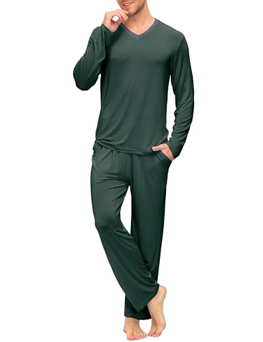 MoFiz Herren Schlafanzug Zweiteiliger Nachtwäsche Langarm Shirt und Loungehose mit V Ausschnitt Casual Hauskleidung Grün Größe L von MoFiz