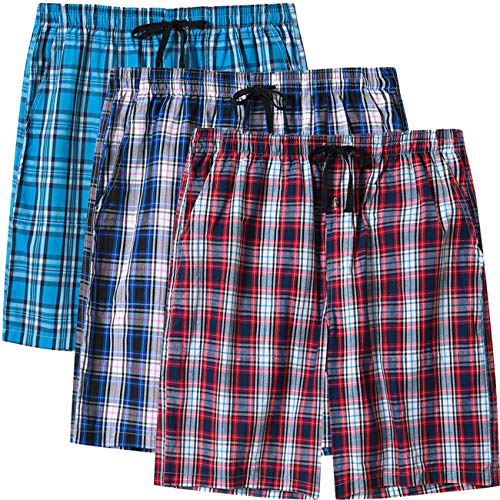 MoFiz Herren Schlafanzughosen Kurz Pyjamahose Karierte Nachtwäsche Komfortable Baumwolle Sleep Shorts 3 Pack 2XL von MoFiz