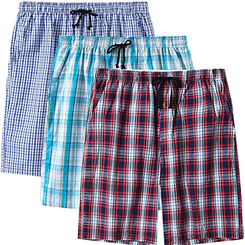 MoFiz Herren Schlafanzughosen Kurz Pyjamahose Karierte Nachtwäsche Komfortable Baumwolle Sleep Shorts 3 Pack L von MoFiz