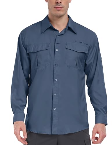 MoFiz Herren Sportshemd Langarm Angeln Wandern Hemd UV-Schutz Outdoor Shirt Atmungsaktiv Schnelltrocknend Funktionshemd Leichtes Freizeithemd Graublau EU 3XL von MoFiz