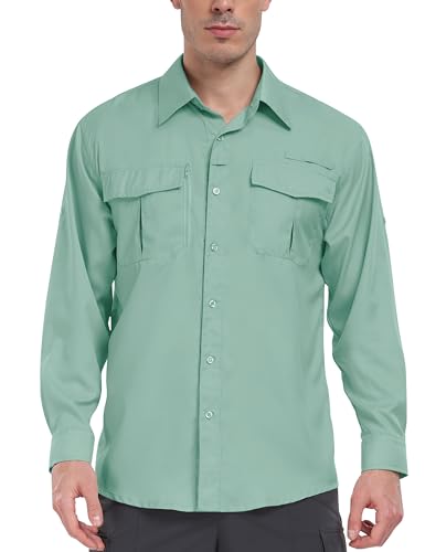 MoFiz Herren Sportshemd Langarm Angeln Wandern Hemd UV-Schutz Outdoor Shirt Atmungsaktiv Schnelltrocknend Funktionshemd Leichtes Freizeithemd Hellgrün EU M von MoFiz