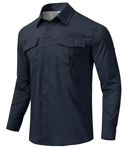 MoFiz Herren Sportshemd Langarm Angeln Wandern Hemd UV-Schutz Outdoor Shirt Atmungsaktiv Schnelltrocknend Funktionshemd Leichtes Freizeithemd Marineblau EU 3XL von MoFiz