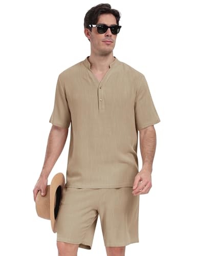 MoFiz Leinenanzug Herren Sommer Casual Beach Set Jogginganzug Kurzarm Trainingsanzug Zweiteiler Button-Up Revers Hemd und Shorts Khaki 3XL MoFiz Leinenanzug Herren Sommer Casual Beach Set Jogginganzug Kurzarm Trainingsanzug Zweiteiler Button-Up Revers Hemd und Shorts Khaki 3XL von MoFiz
