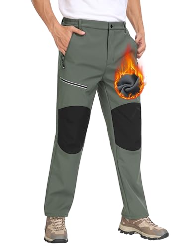 MoFiz Herren Wanderhose Warm Gefüttert Outdoorhose Wasserdicht Skihose Softshellhose Winddicht Arbeitshose für Winter A- Militärgrün EU L von MoFiz
