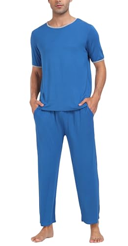 MoFiz Herren Weich Schlafanzug Zweiteiliger Winter Pyjamaset Zweiteiliger Rundhals T-Shirt und Loungehose Weich Nachtwäsche mit Elastischem Bund Taschen Mittelblau-Lang 3XL von MoFiz